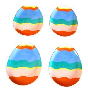 Set of Four Melmac Easter Plates Colorful Striped Egg‑Shaped 9.5" × 7.5"
